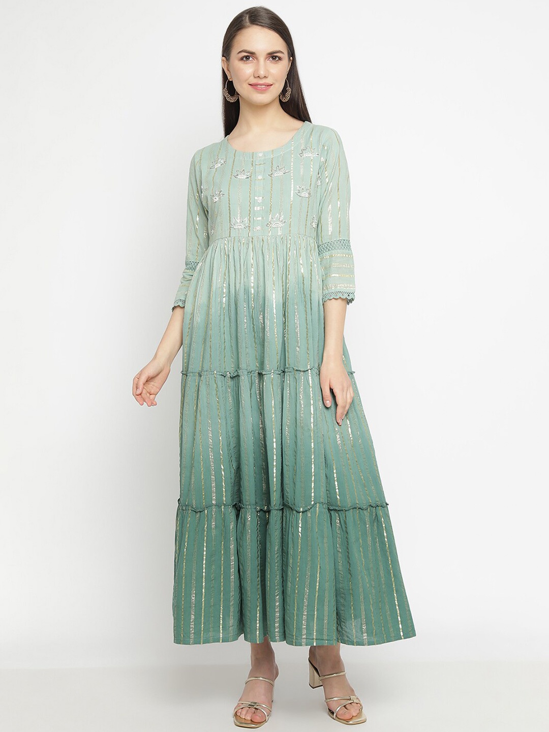 

aayusika Embellished Gotta Patti Fit & Flare Cotton Midi Ethnic Dress, Green