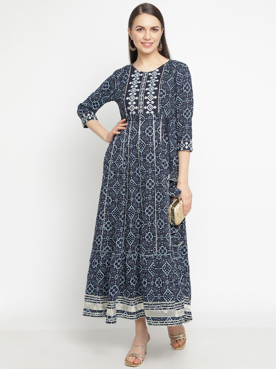 

aayusika Ethnic Motifs Printed Embroidered Fit & Flare Ethnic Dress, Blue