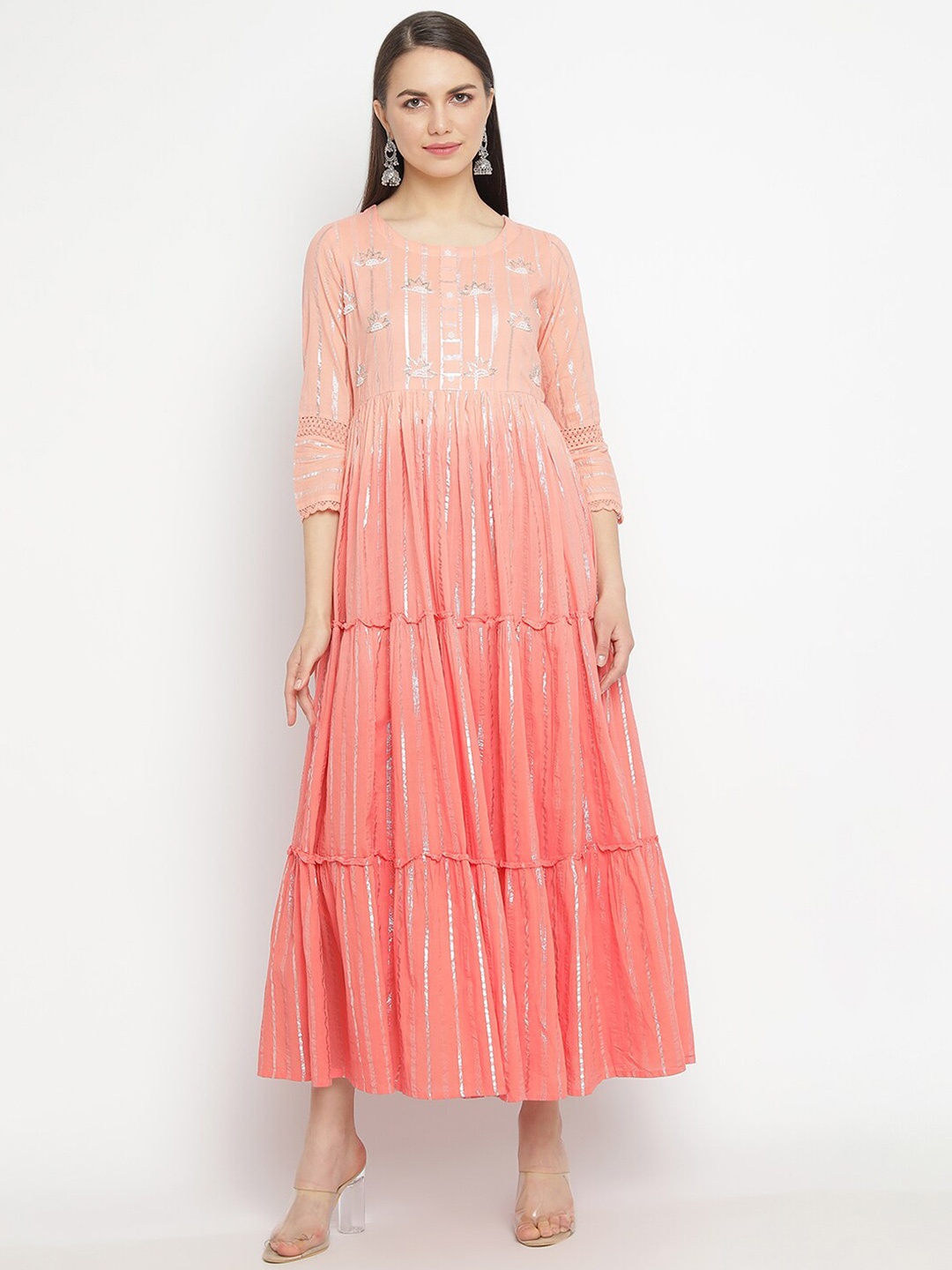 

aayusika Embellished Gotta Patti Fit & Flare Cotton Midi Ethnic Dress, Pink