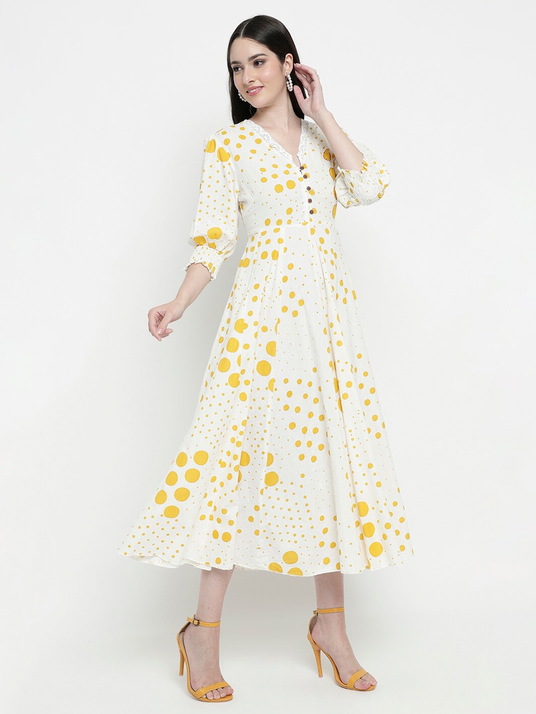 

aayusika Geometric Printed Embroidered Cotton Fit & Flare Midi Ethnic Dress, Cream