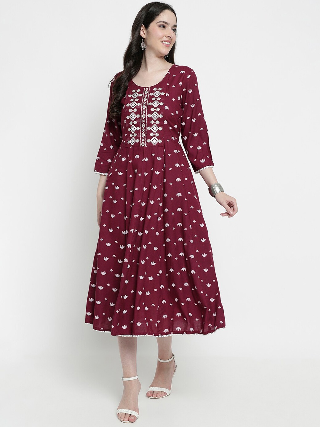 

aayusika Floral Printed Embroidred Fit & Flare Midi Ethnic Dress, Maroon