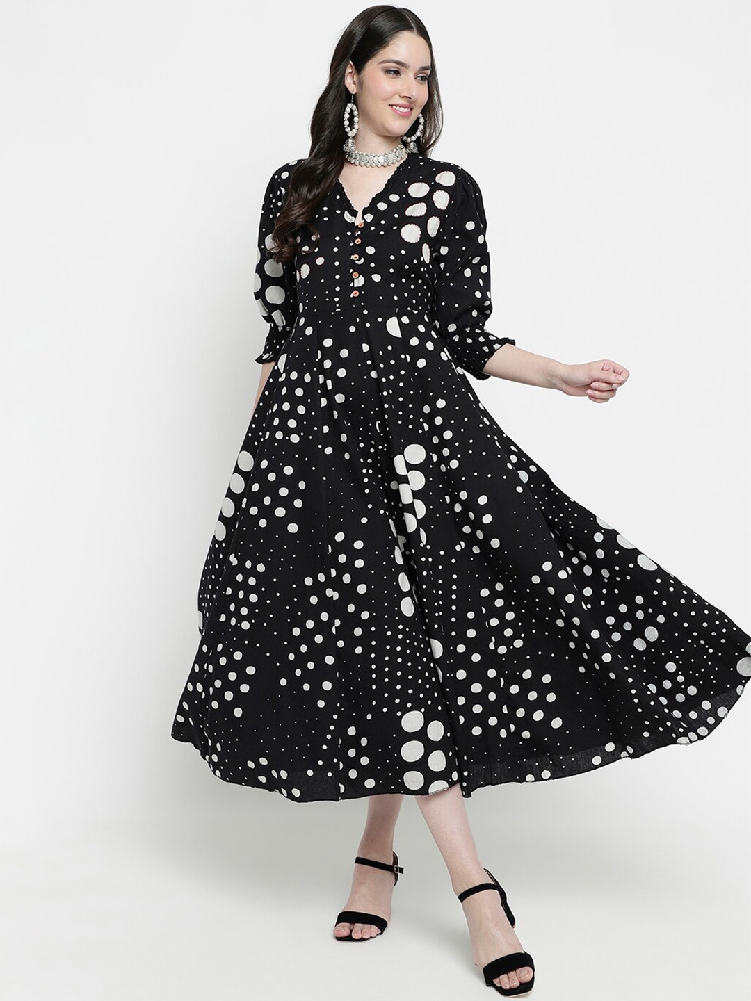 

aayusika Polka Dot Printed Puff Sleeves Fit and Flare Cotton Midi Dress, Black