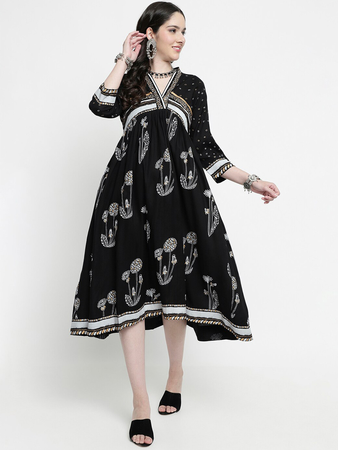 

aayusika Ethnic Motifs Printed V-Neck A-Line Midi Ethnic Dress, Black