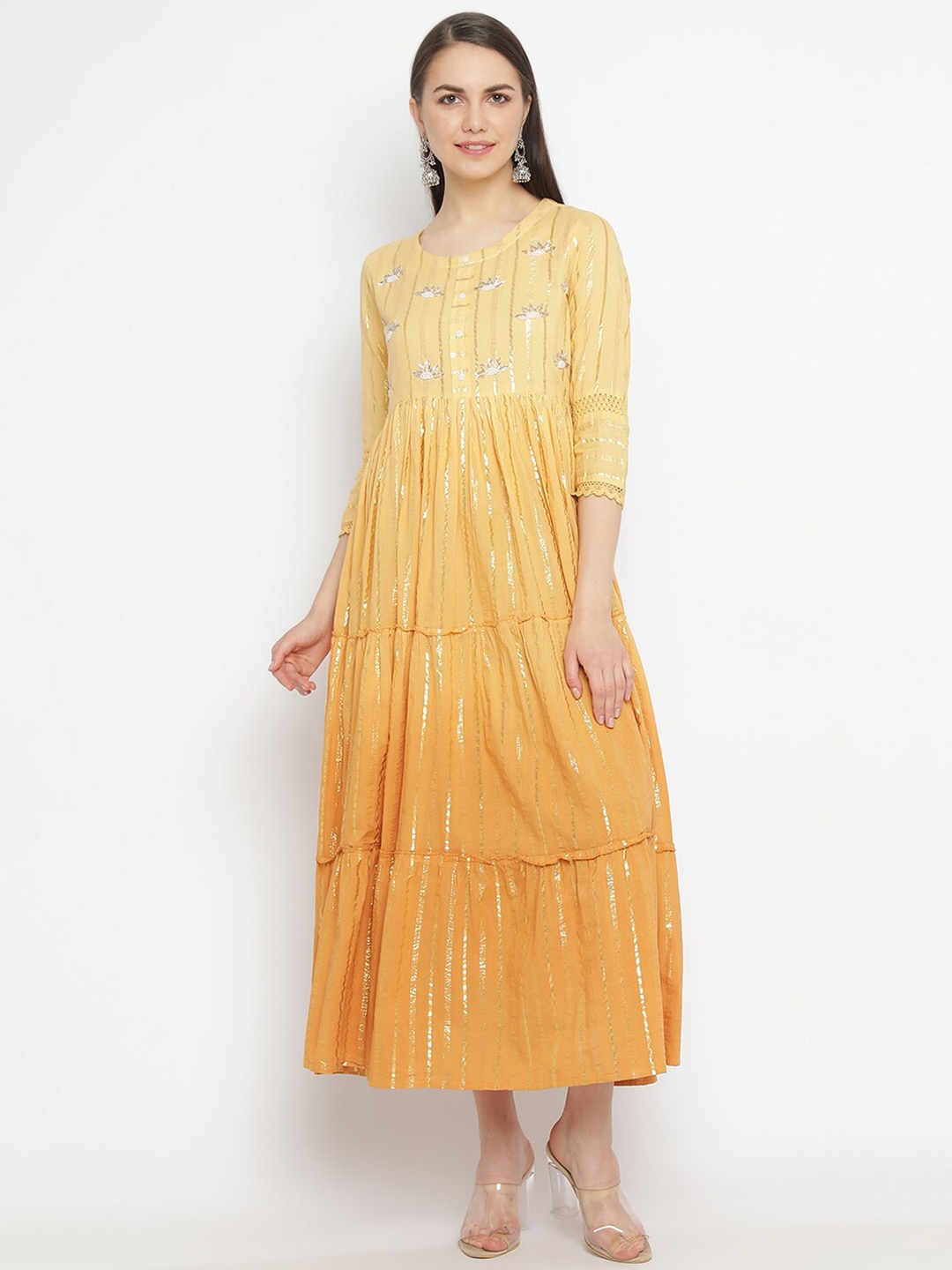 

aayusika Embellished Gotta Patti Fit & Flare Cotton Midi Ethnic Dress, Yellow