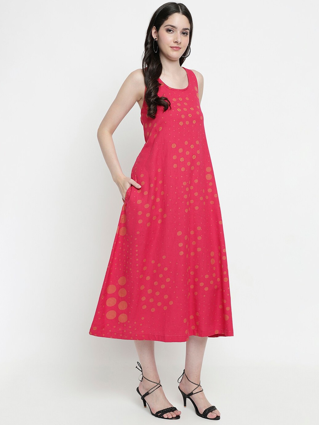 

aayusika Geometric Printed Shoulder Straps Sleeveless Cotton A-Line Midi Ethnic Dress, Pink