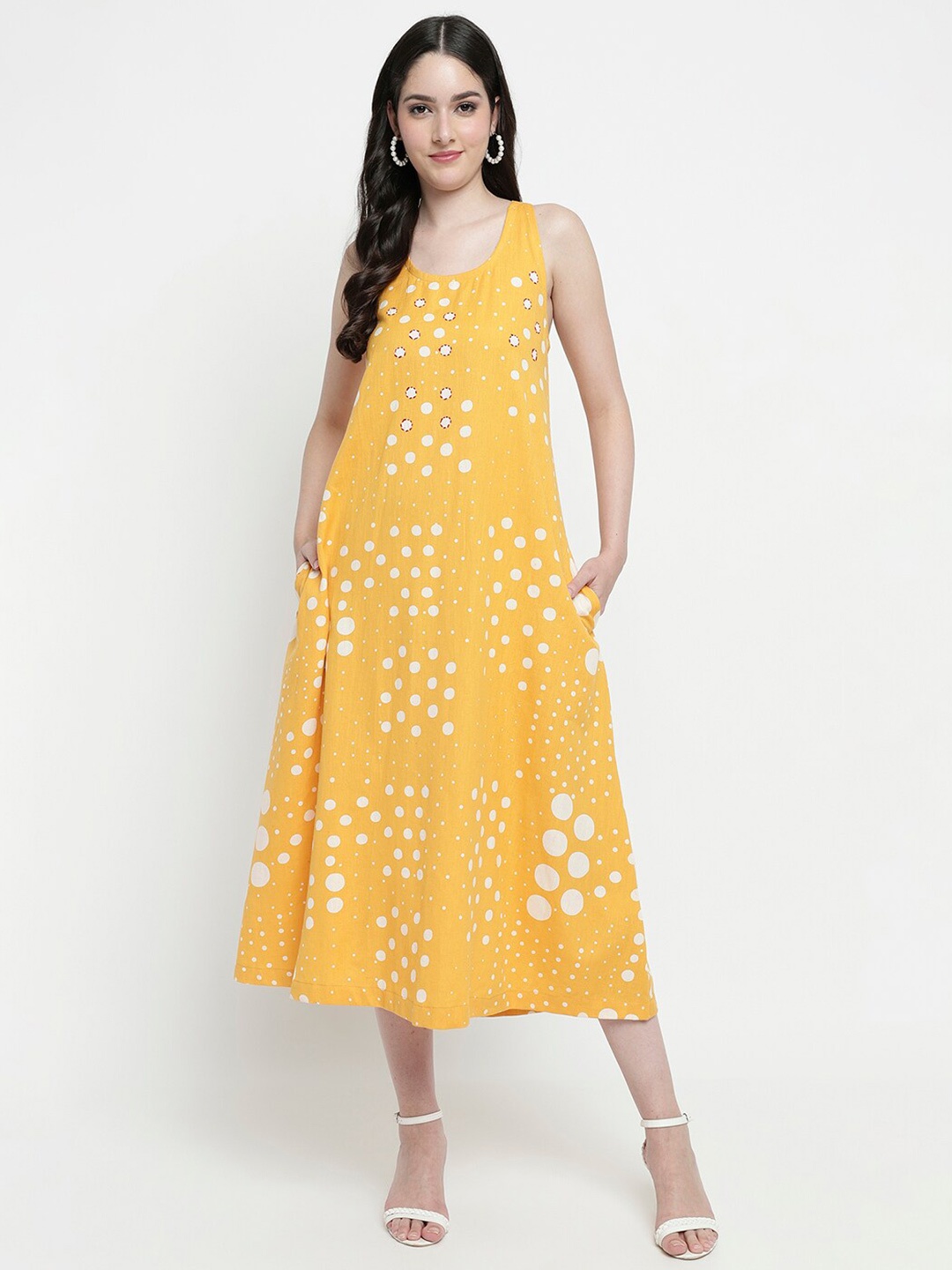 

aayusika Geometric Printed Cotton A-Line Midi Dress, Yellow