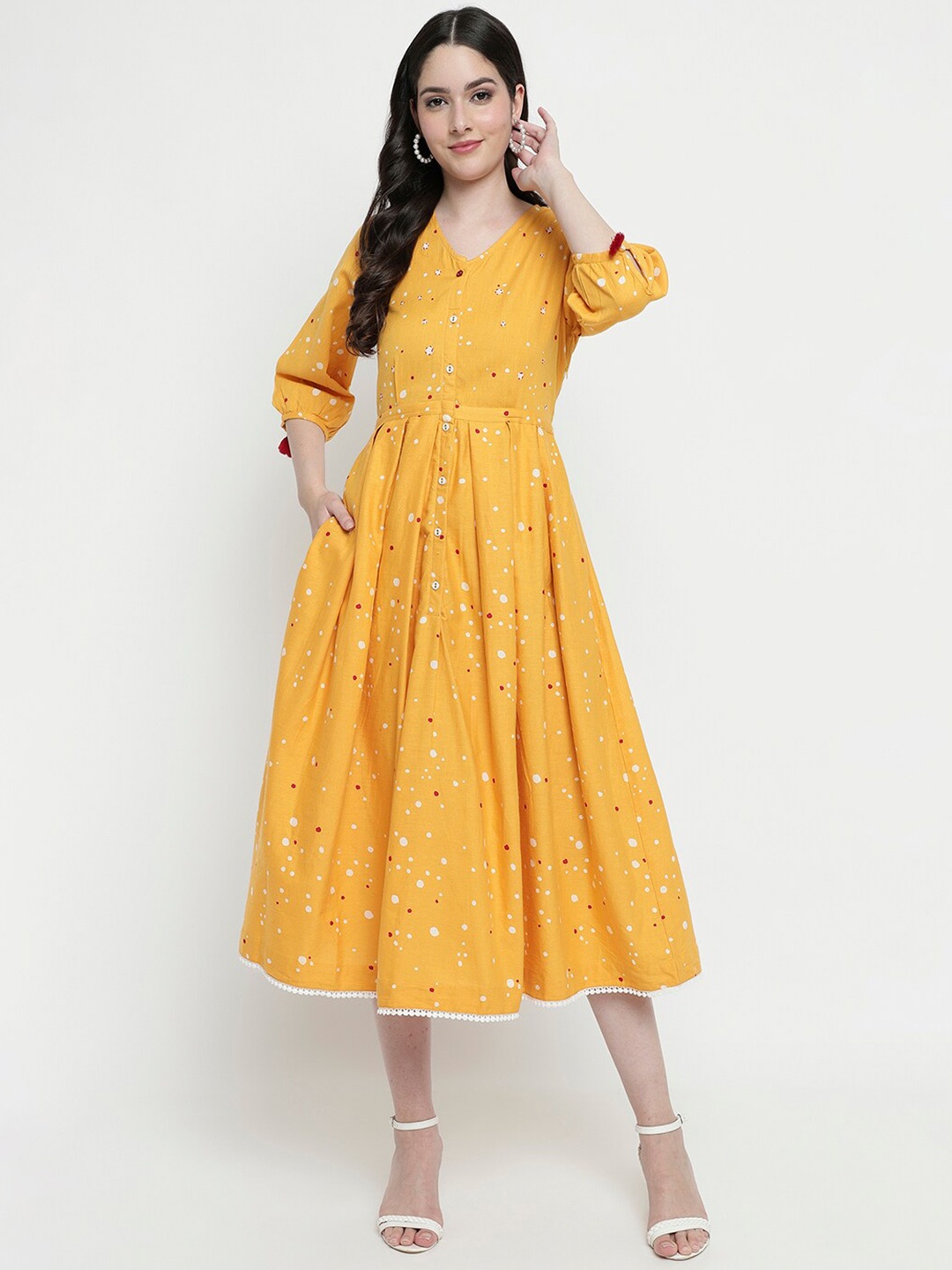 

aayusika Geometric Printed Fit & Flare Midi Dress, Mustard