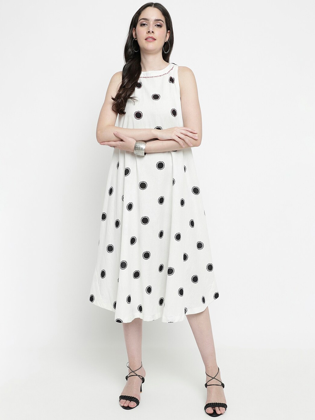 

aayusika Geometric Printed Cotton A-Line Midi Dress, White