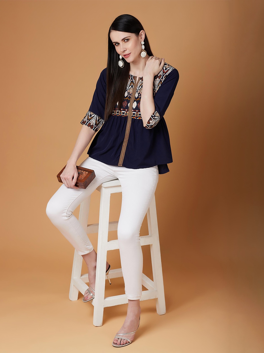

Pannkh Navy Blue Ethnic Motifs Pleated Keyhole Neck Top