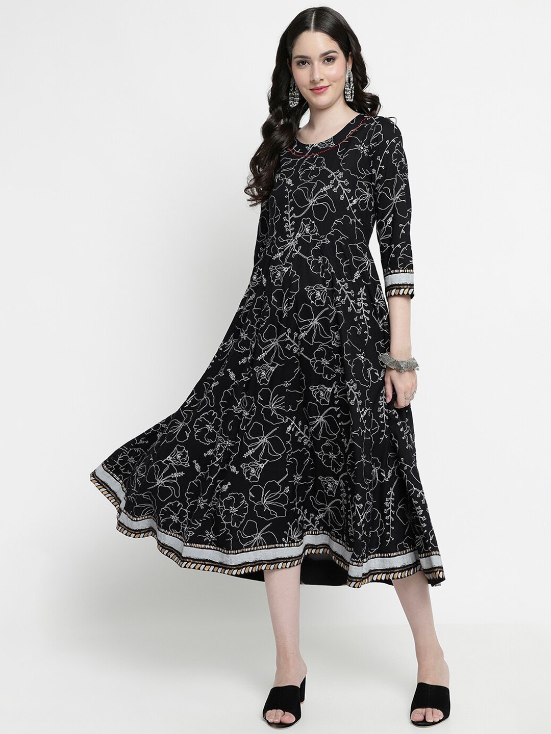 

aayusika Floral Printed A-Line Midi Ethnic Dress, Black