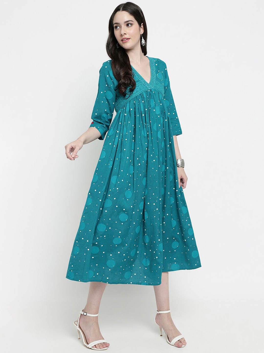 

aayusika Polka Dots Printed V-Neck Embroidered Cotton Empire Midi Ethnic Dress, Blue