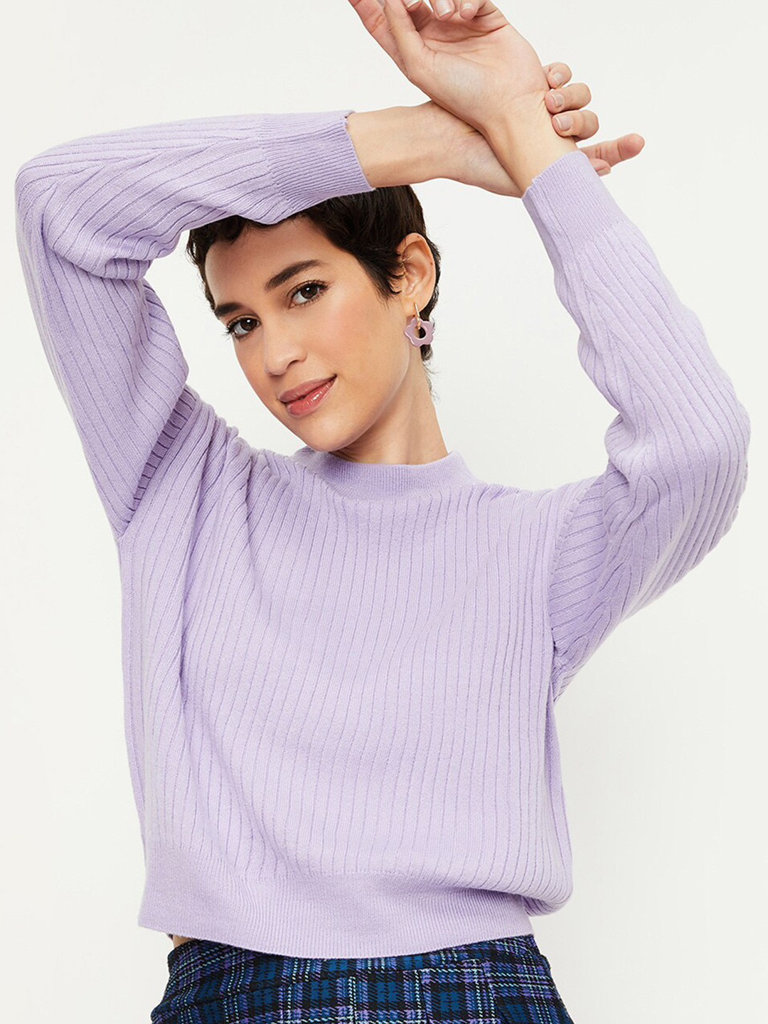 

max Ribbed High Neck Pure Acrylic Pullover, Lavender