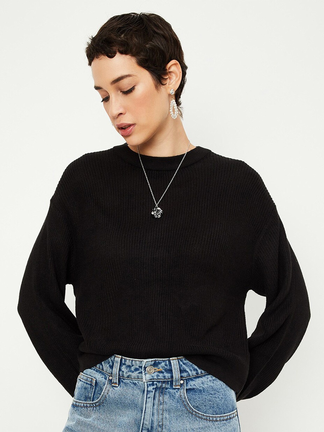 

max Ribbed Pure Acrylic Pullover, Black