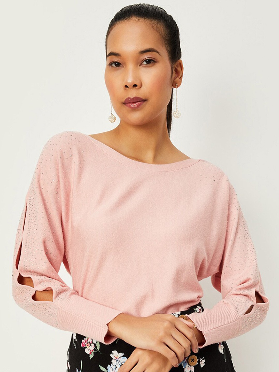

max Boat Neck Embellished Detail Acrylic Pullover, Pink