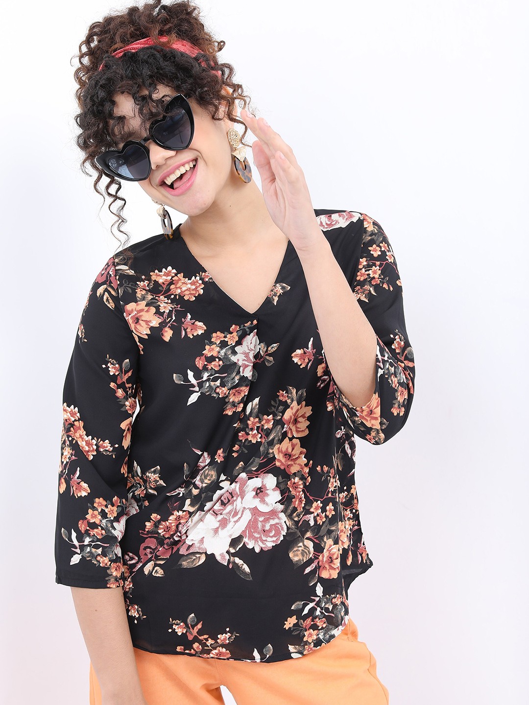 

Tokyo Talkies Floral Printed V-Neck Top, Brown
