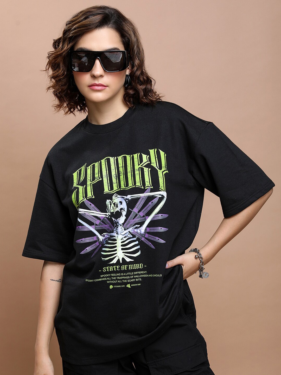 Tokyo Talkies Typography Printed Drop-shoulder Sleeves Oversized T-shirt, Black