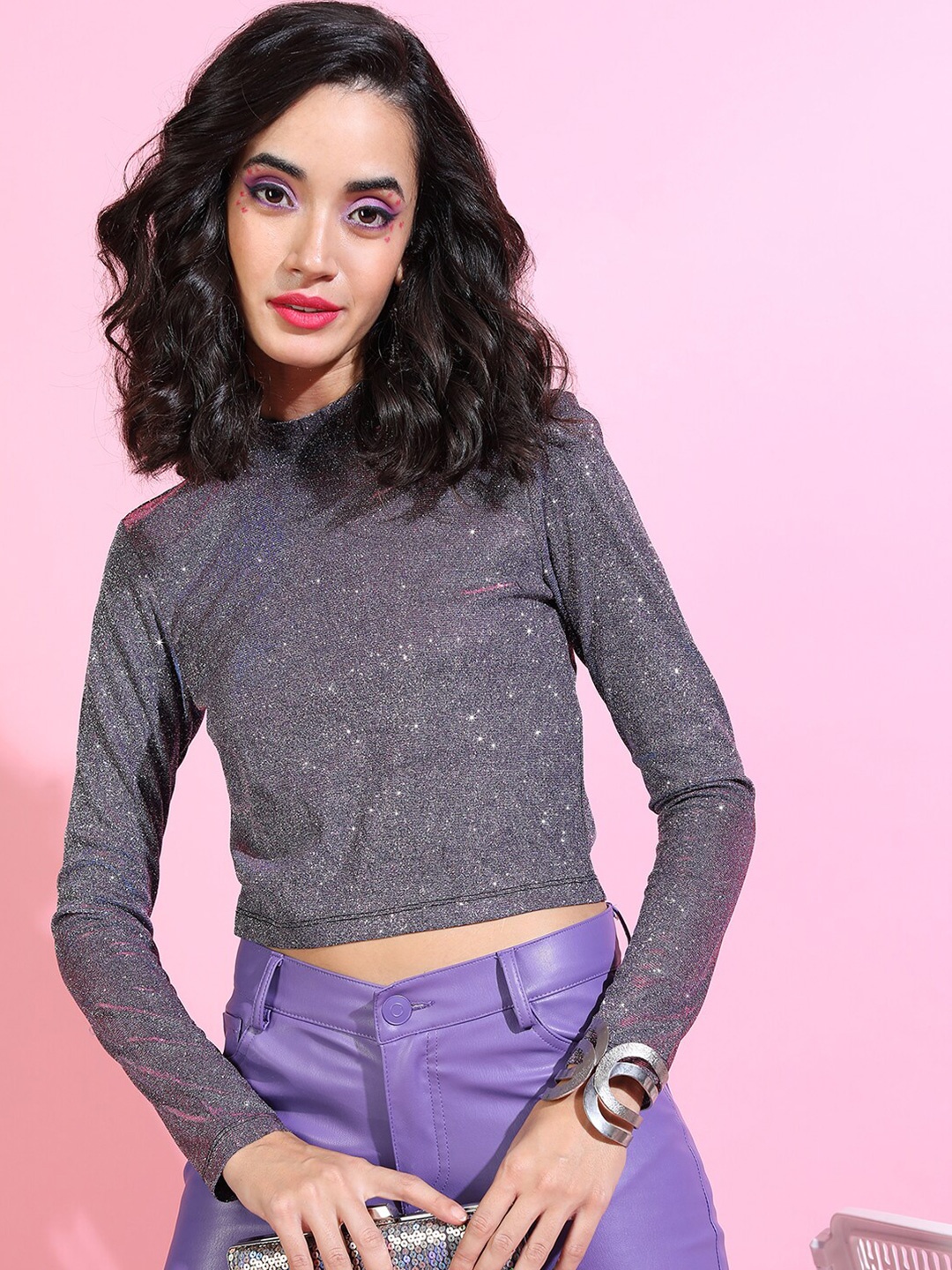 

Tokyo Talkies Black Embellished High Neck Styled Back Crop Top