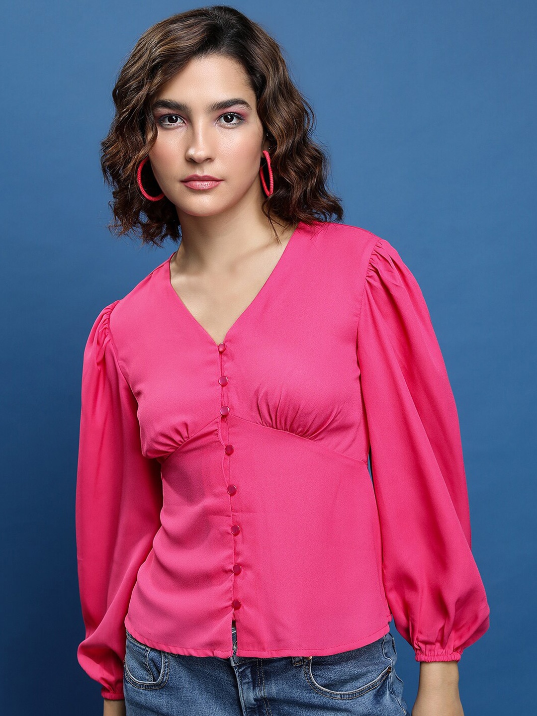 

Tokyo Talkies Pink Puff Sleeves Shirt Style Top