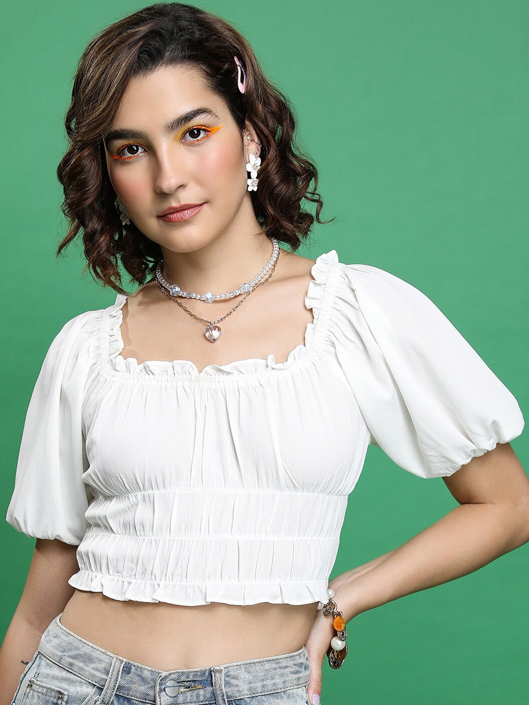 

Tokyo Talkies White Puff Sleeves Smocking Blouson Crop Top