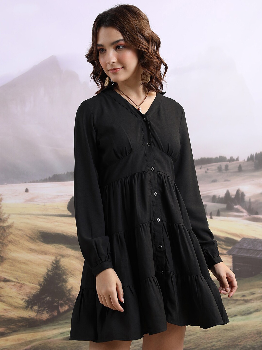 

Tokyo Talkies Cuffed Sleeves Shirt Dress, Black