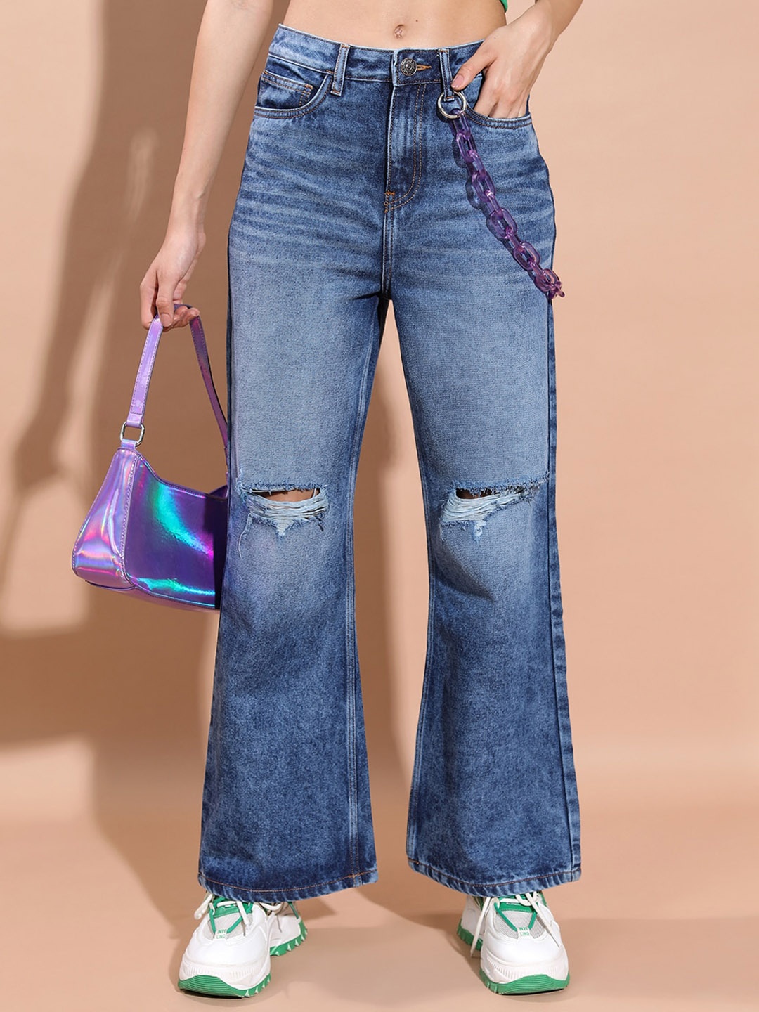 

Tokyo Talkies Women Wide Leg Slash Knee Heavy Fade Stretchable Jeans, Blue