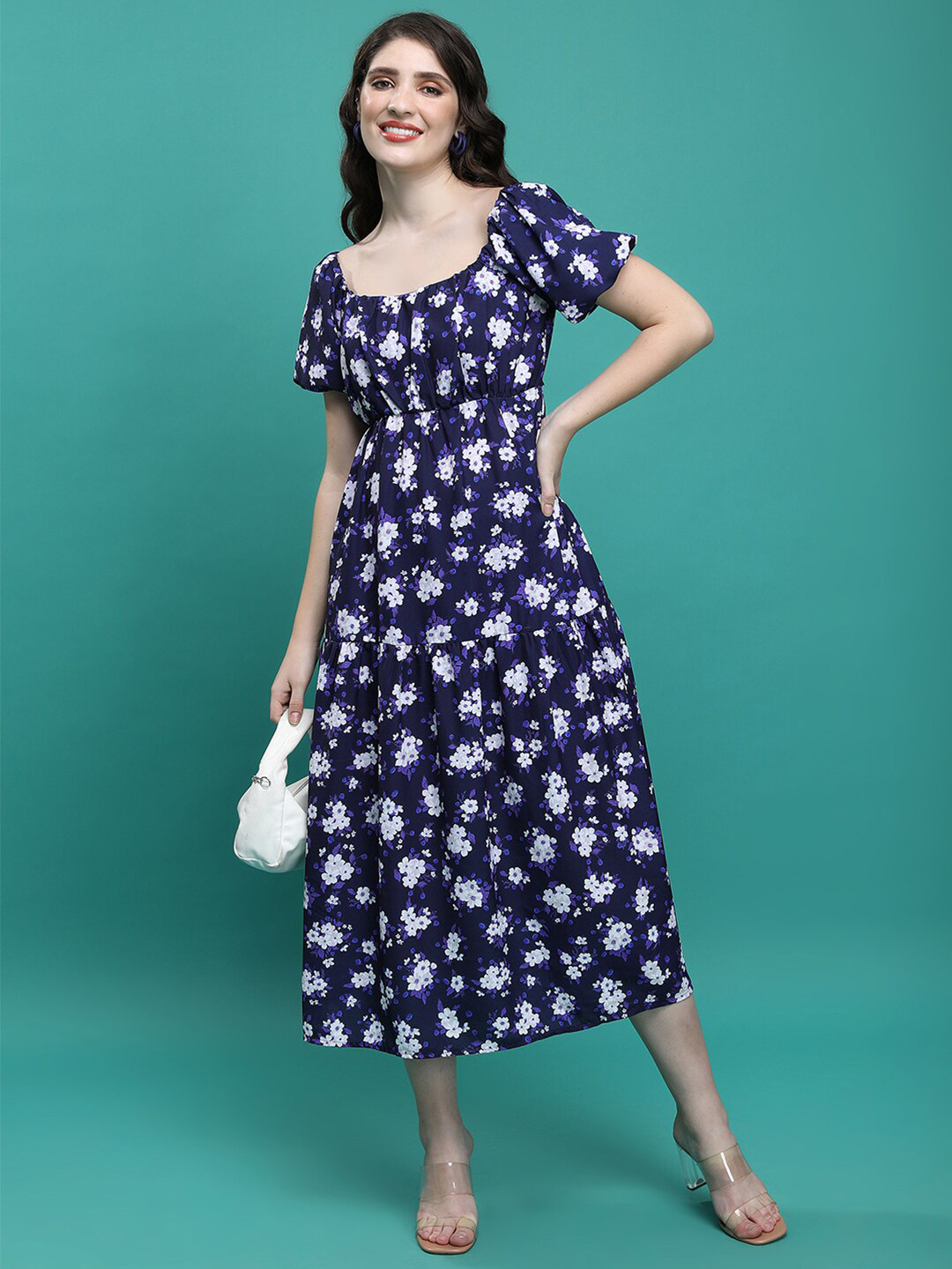 

Tokyo Talkies Blue Floral Print A-Line Midi Dress