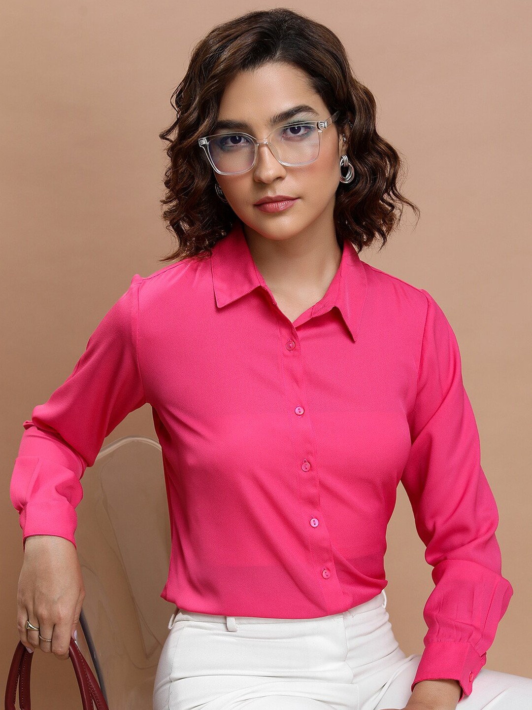 

Tokyo Talkies Spread Collar Long Sleeves Casual Shirt, Pink