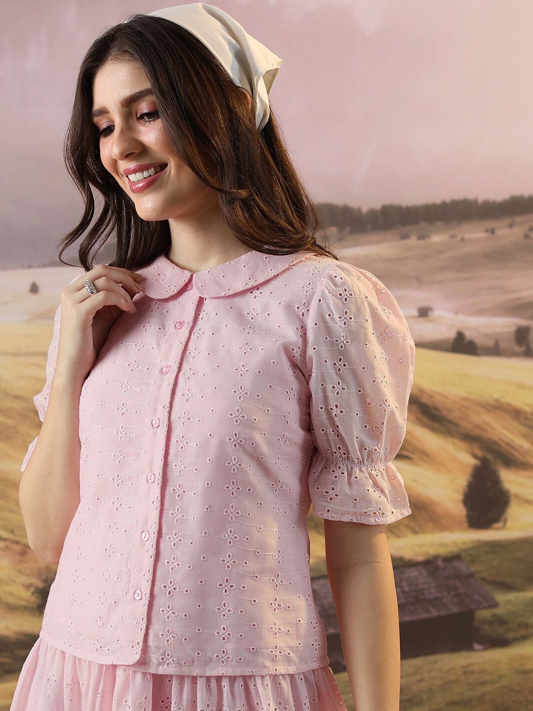 

Tokyo Talkies Self Design Peter Pan Collar Puff Sleeves Casual Shirt Style Top, Pink