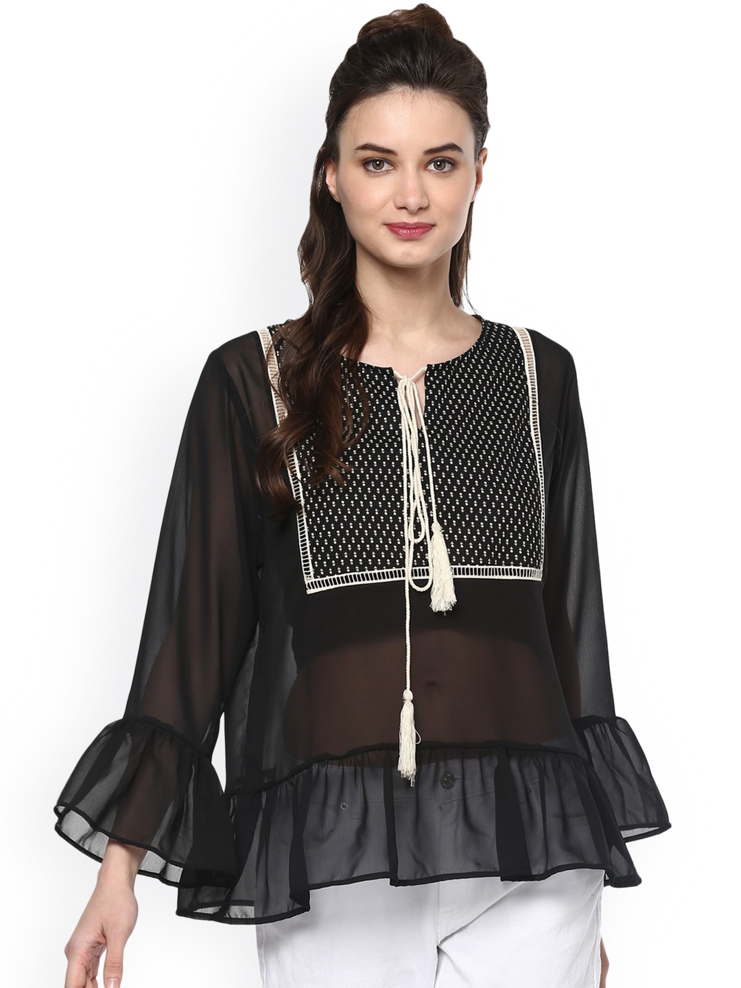 

Pannkh Women Black Solid Peplum Top