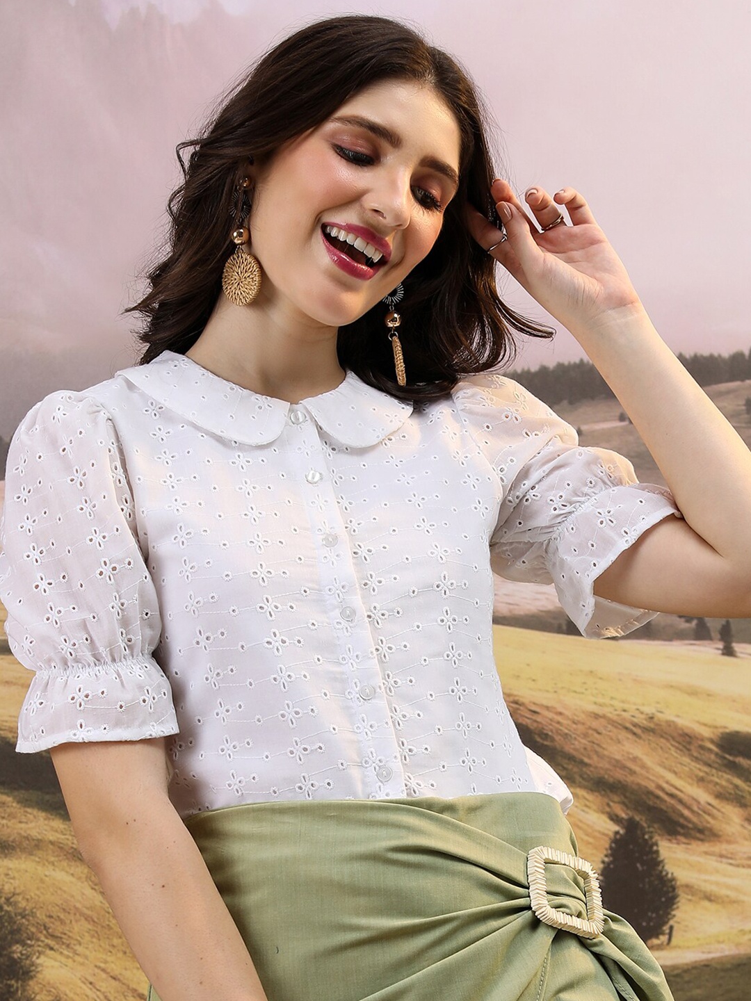 

Tokyo Talkies Self Design Peter Pan Collar Puff Sleeves Schiffli Shirt Style Top, White