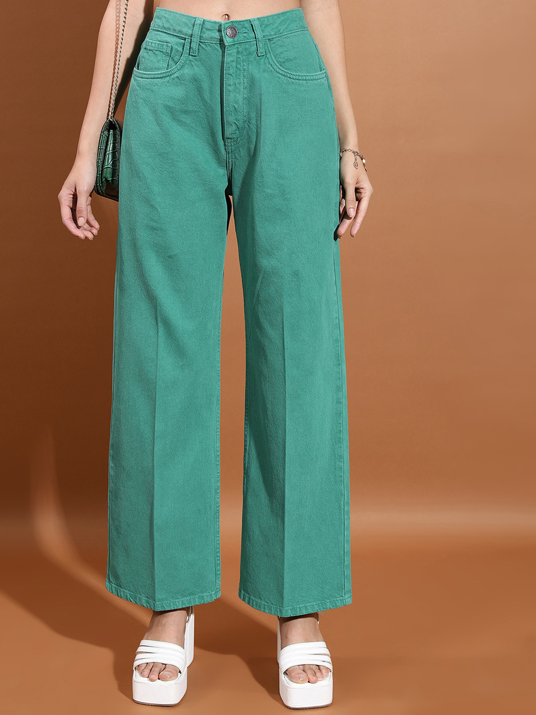 

Tokyo Talkies Women Mid-Rise Clean Look Wide Leg Jeans, Green