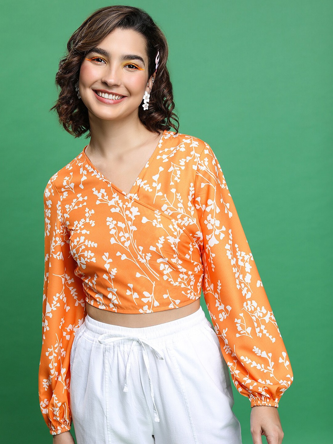 

Tokyo Talkies Floral Printed Wrap Crop Top, Orange