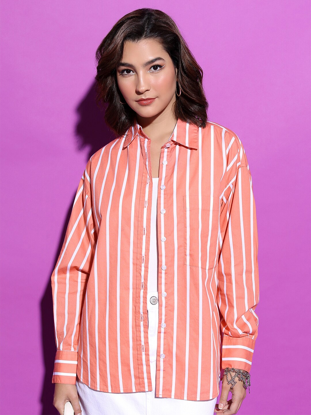 

Tokyo Talkies Vertical Striped Drop-Shoulder Sleeves Cotton Oversized Casual Shirt, Orange