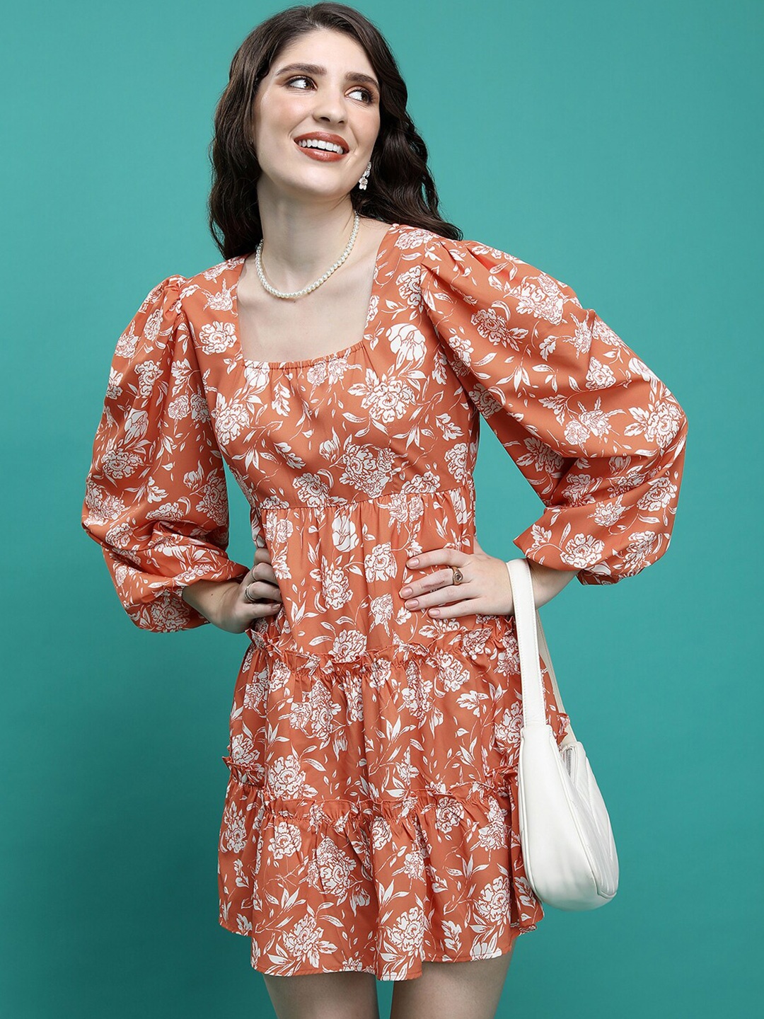 

Tokyo Talkies Rust Floral Print Flared Sleeve Fit & Flare Dress