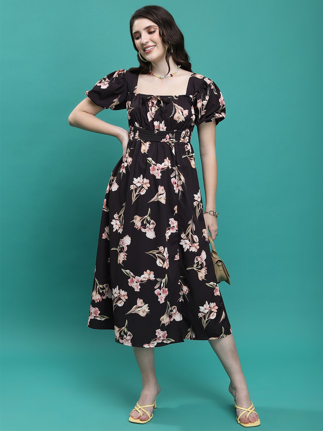 

Tokyo Talkies Floral Printed Smocked Fit & Flare Midi Dress, Black