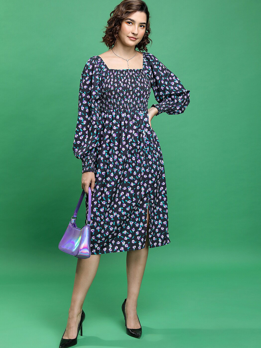 

Tokyo Talkies Black Floral Print Puff Sleeve Fit & Flare Dress