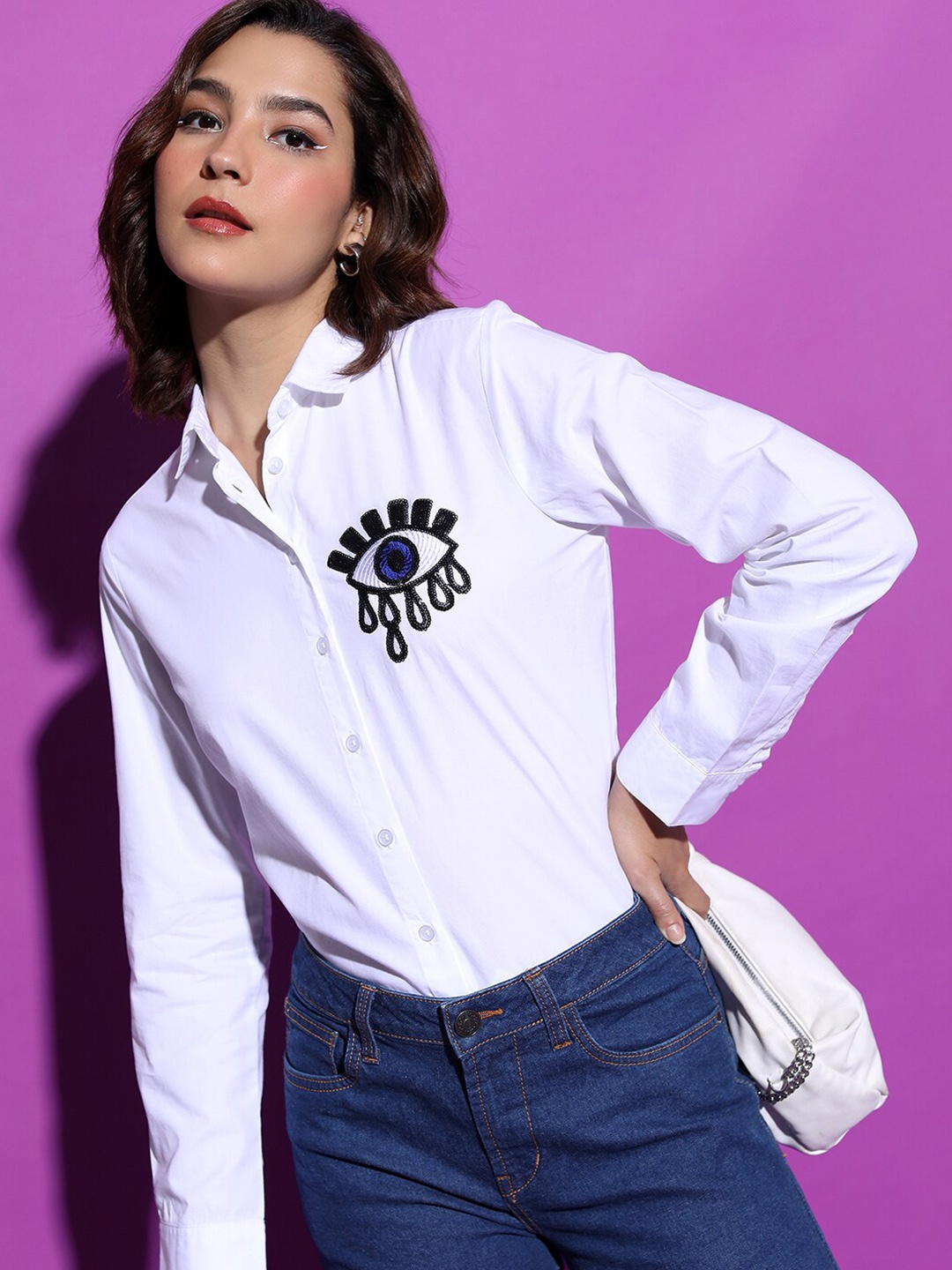 

Tokyo Talkies Embellished Detail Oversized Cotton Casual Shirt, White