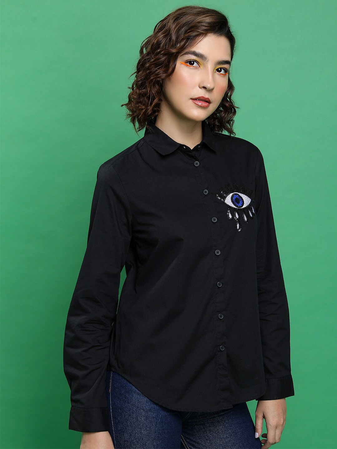 

Tokyo Talkies Embellished Slim Fit Cotton Drop-Shoulder Oversized Casual Shirt, Black