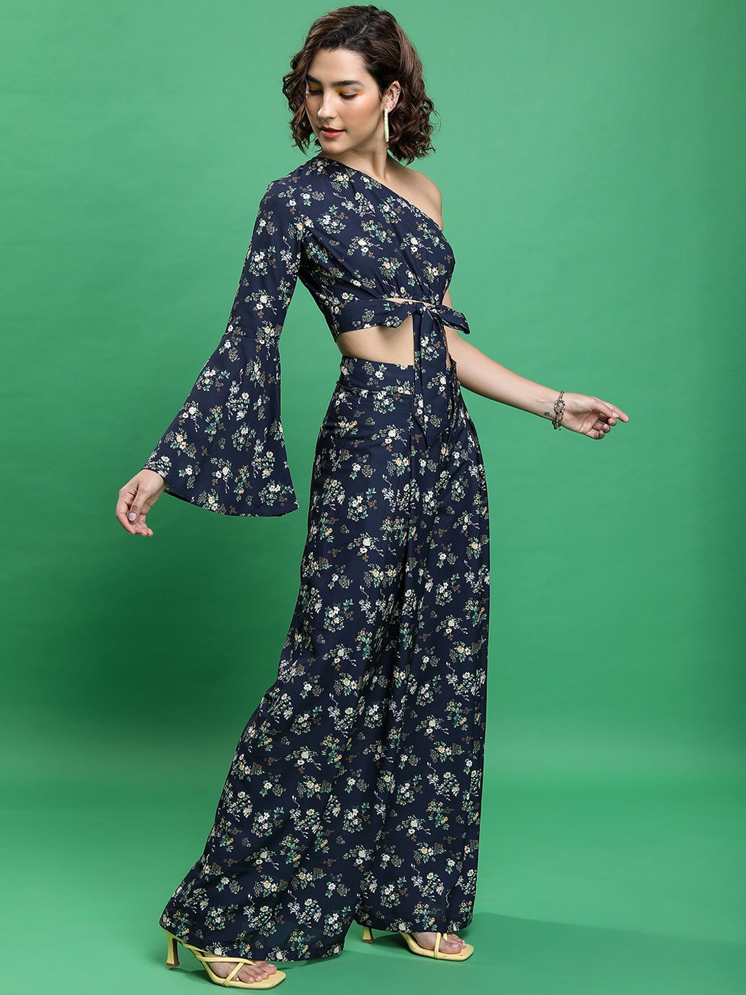 

Tokyo Talkies Floral Printed One Shoulder Crop Top With Printed Palazzos, Navy blue
