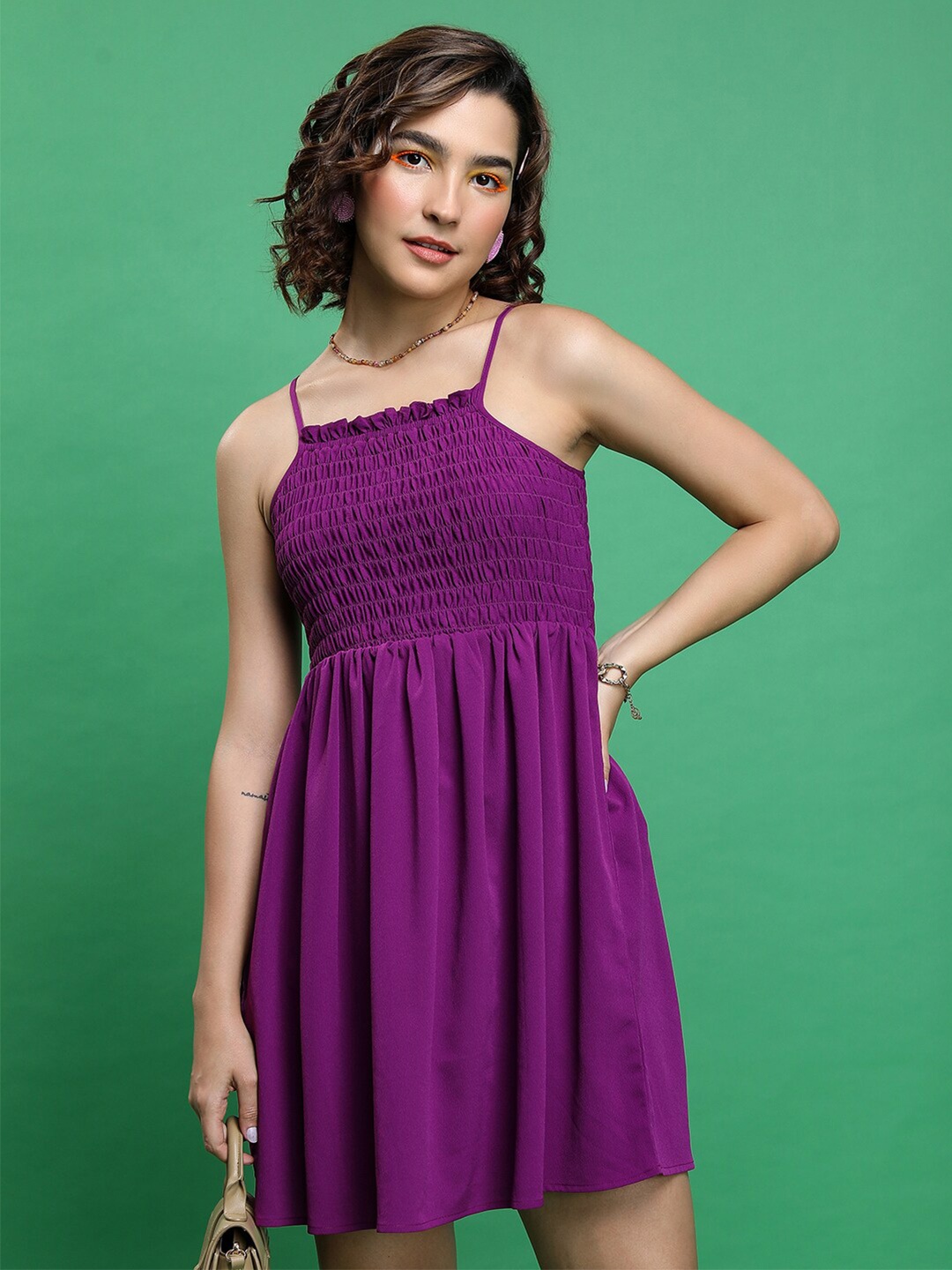 

Tokyo Talkies Purple Shoulder Straps Sleeveless Smocked Fit & Flare Dress