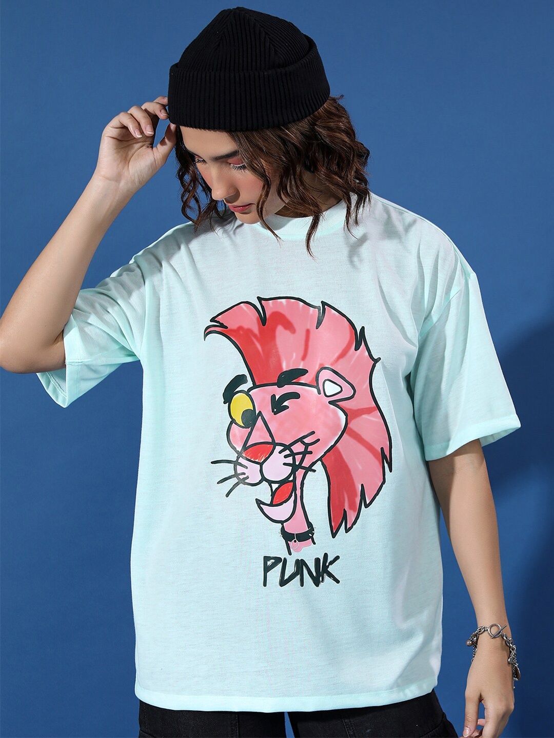 

Tokyo Talkies Graphic Printed Drop-shoulder Sleeves Oversized T-shirt, Blue