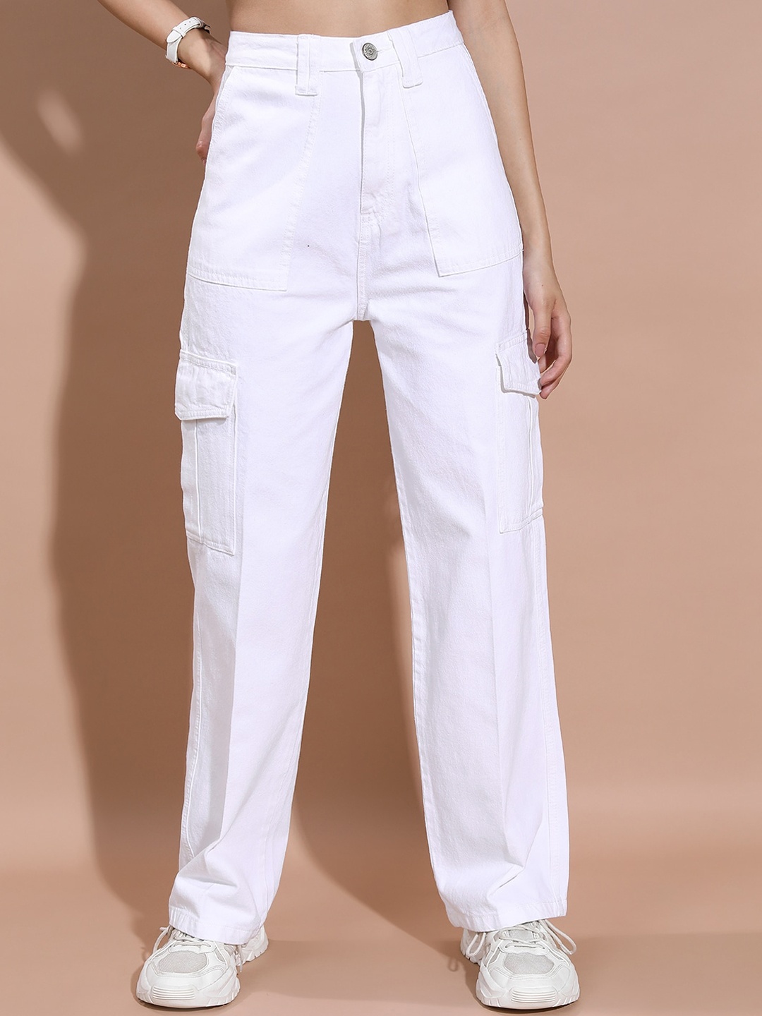 

Tokyo Talkies Women Straight Fit Clean Look Stretchable Cargo Jeans, White