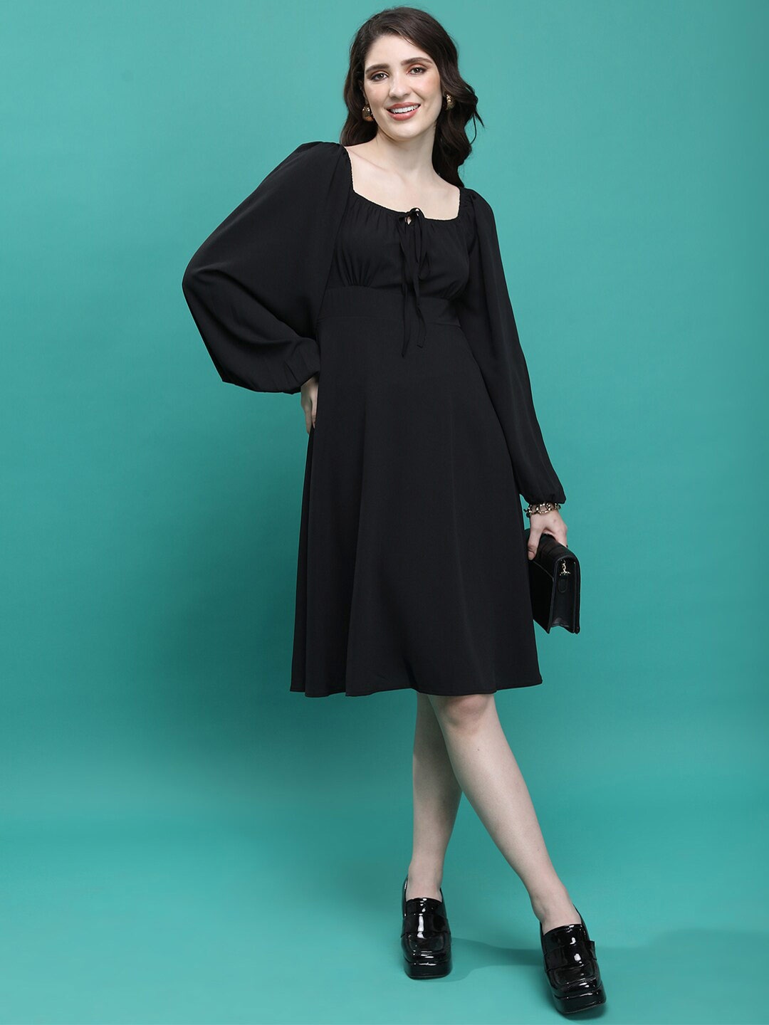 

Tokyo Talkies Black Tie-Up Neck Puffed Sleeves Fit and FlareDress