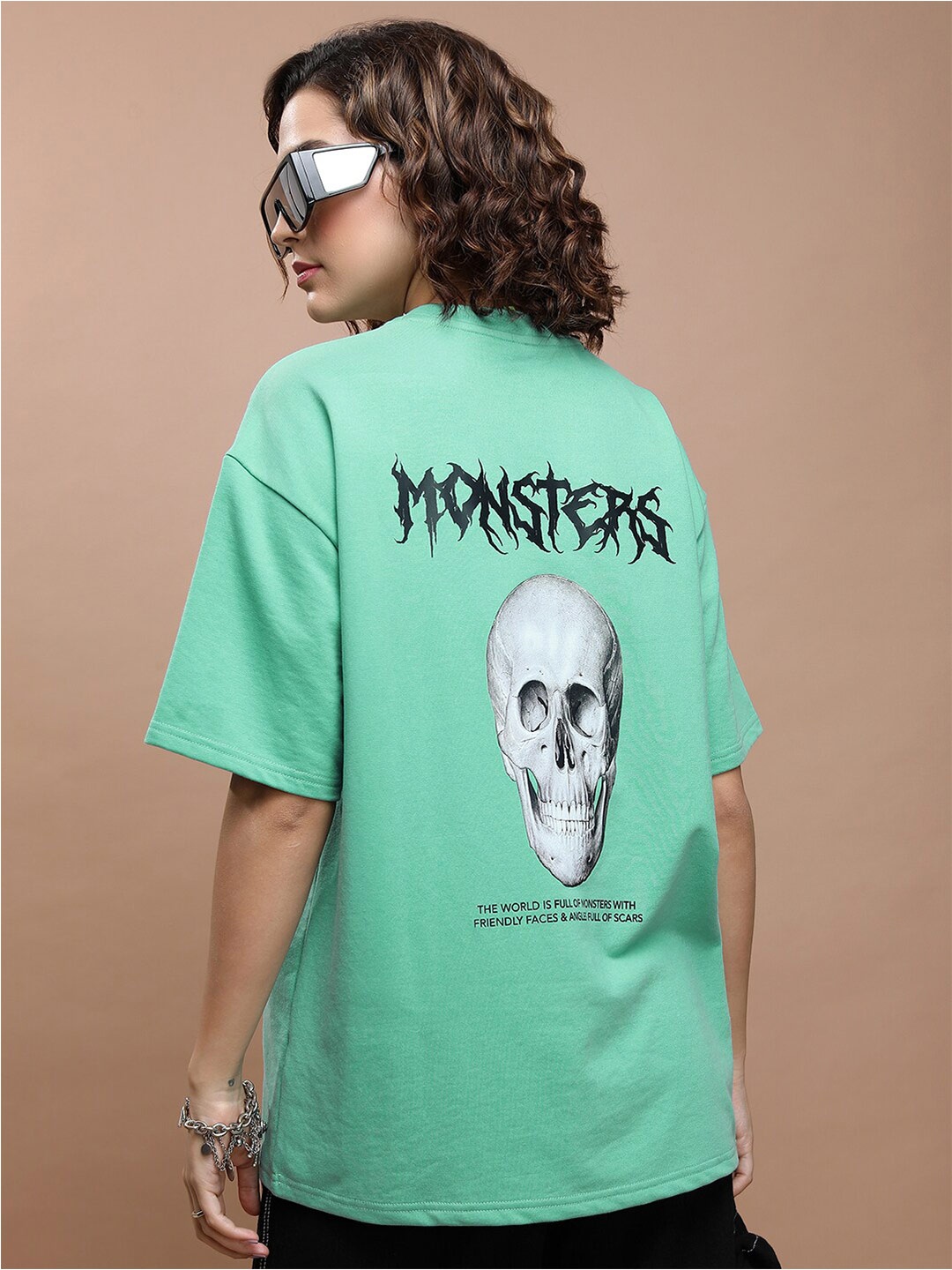 

Tokyo Talkies Green Printed Drop-Shoulder Oversized Tshirt