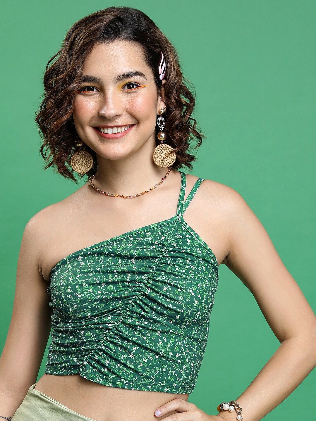 

Tokyo Talkies Floral Printed One Shoulder Ruched Fitted Crop Top, Green