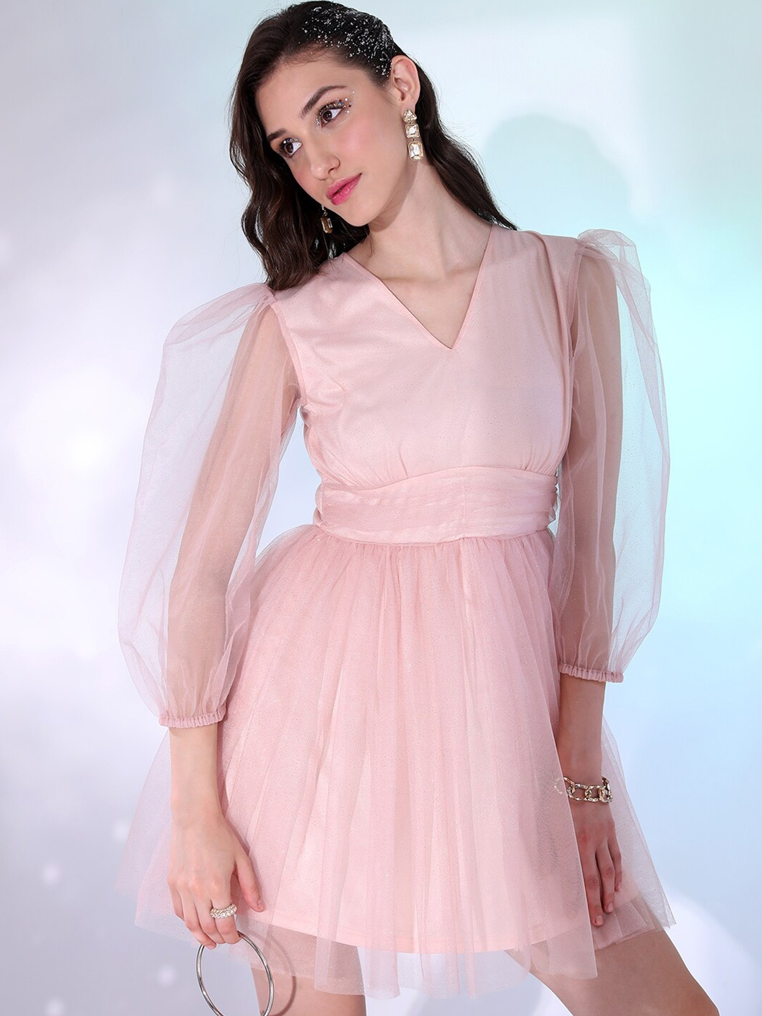 

Tokyo Talkies V-Neck Puff Sleeve Fit & Flare Dress, Pink