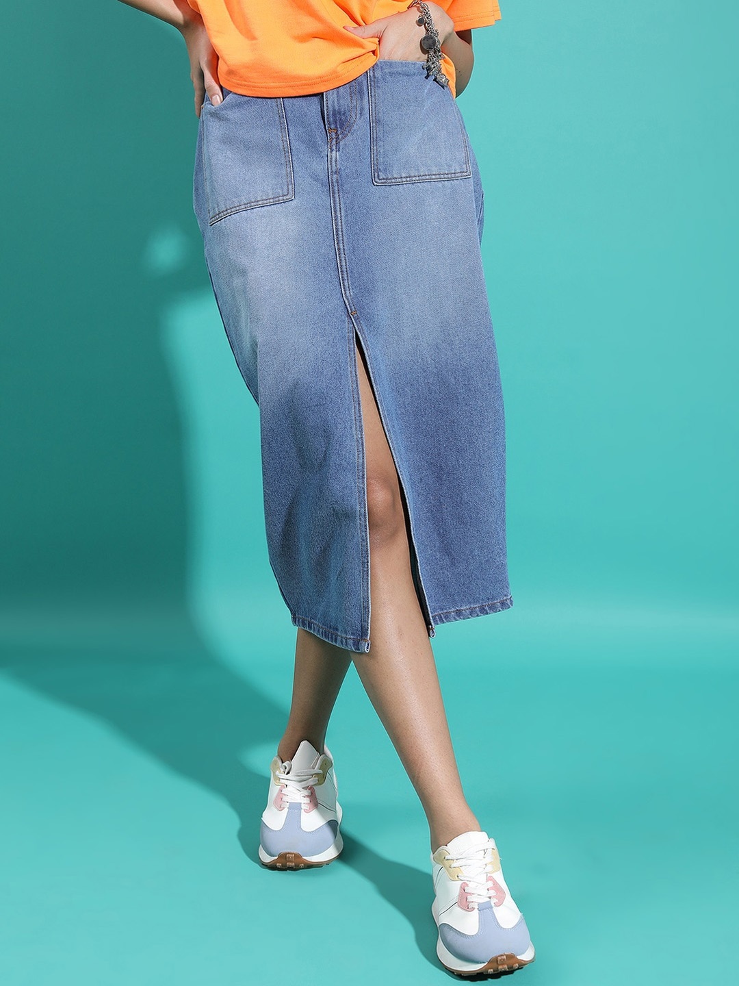 

Tokyo Talkies Pure Cotton Front Slit Midi Skirt, Blue