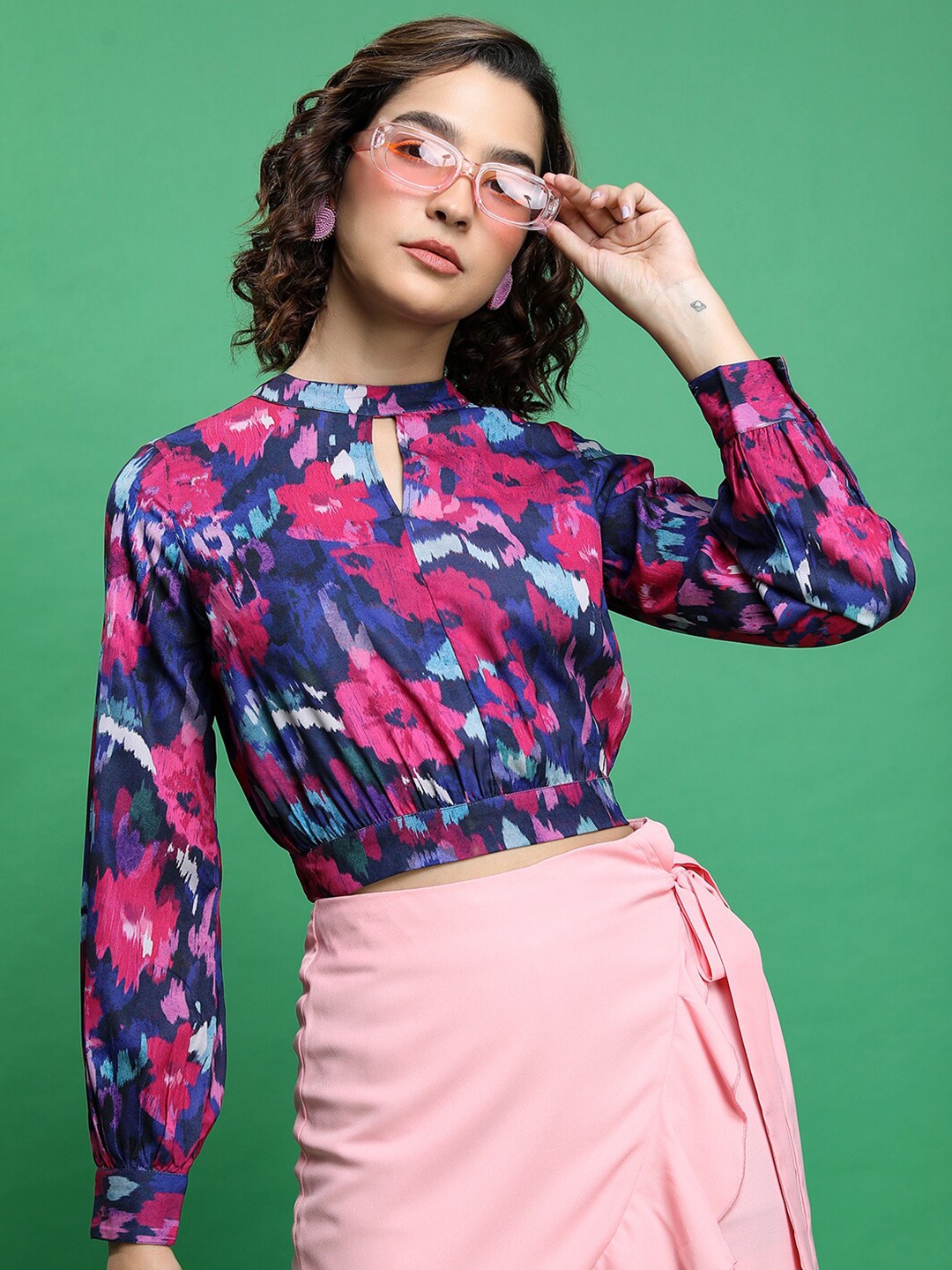 

Tokyo Talkies Floral Printed Keyhole Neck Blouson Top, Navy blue