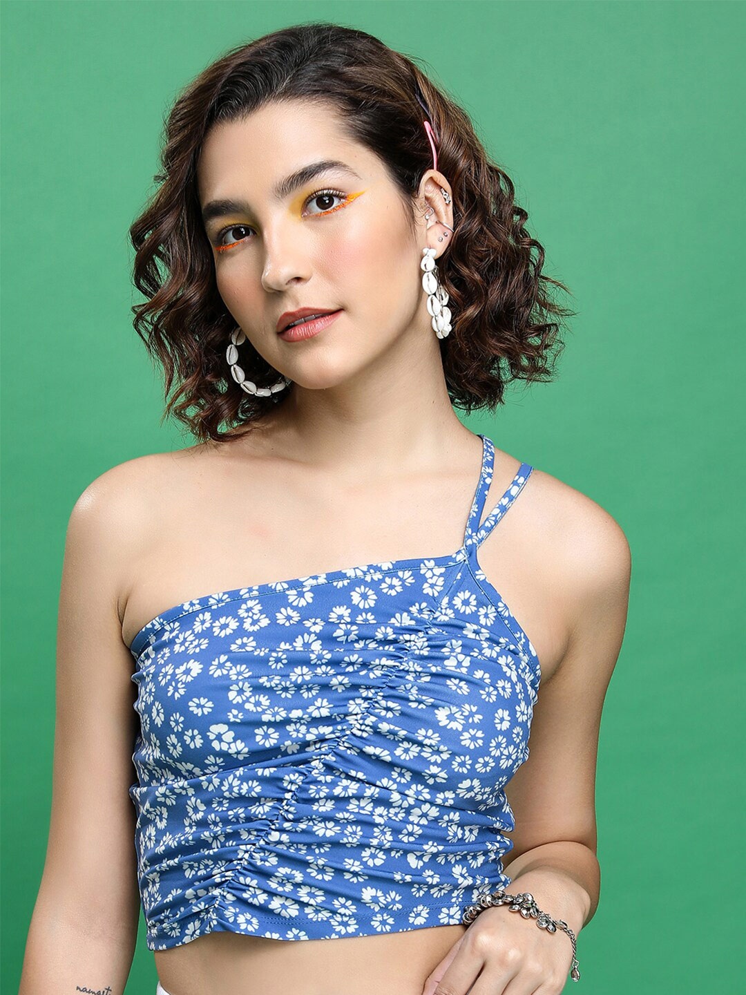 

Tokyo Talkies Floral Printed Ruched Fitted Crop Top, Blue