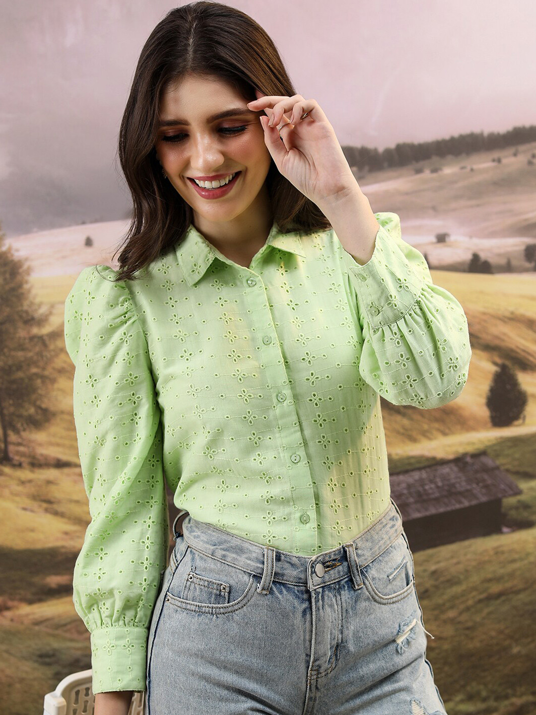 

Tokyo Talkies Schiffli Self Design Puff Sleeves Shirt, Green